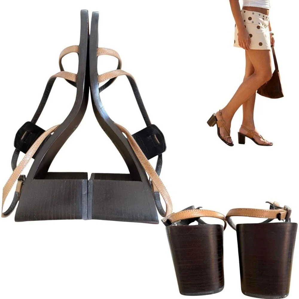 VTG.. 90s Tom Ford for Gucci Tan Leather Square Toe Block Heel Sandals 7-7.5 EUC